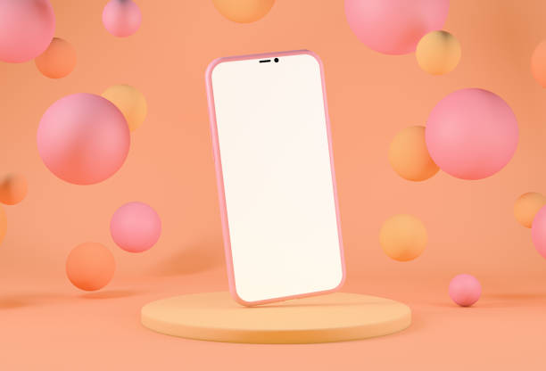 istock Smartphone with copy space on background with floating spheres, warm pastel tones 1304233164