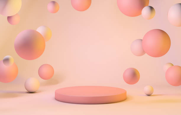 istock Podium on background with floating spheres, warm pastel tones 1304233165