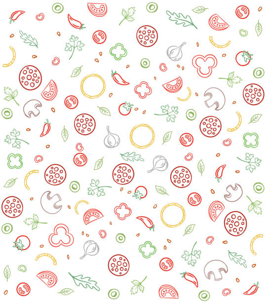 Pizza ingredients. Seamless pattern background. Sketch hand drawn color line illustration. Fast food. Pizza ingredients. Seamless pattern background. Sketch hand drawn color line illustration. Italian fast food cooking. pizza designs stock illustrations