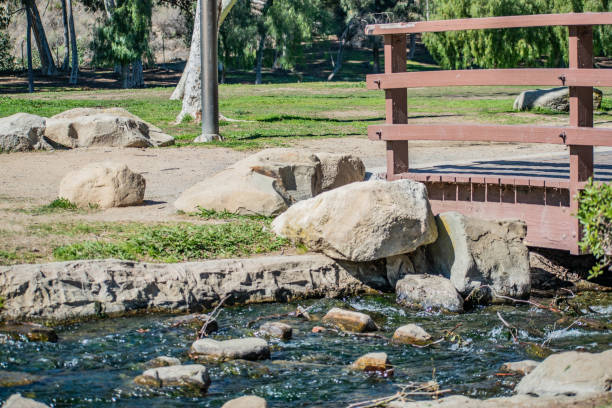 Small waterfall and river flows through Kenneth Hahn State Park in Los Angeles