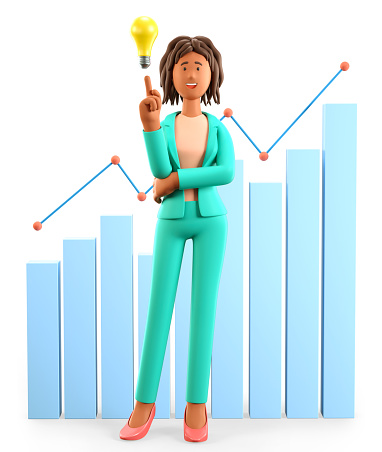 3D illustration of african american woman pointing finger at bulb. Cartoon standing businesswoman generating ideas, business strategy. Analytics, financial management, infographic and graph dashboard.