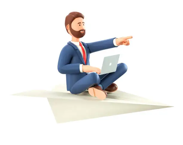 Photo of 3D illustration of bearded creative man with laptop flying on a huge paper airplane. Cartoon smiling businessman in yoga lotus position pointing forward with hand, isolated on white.