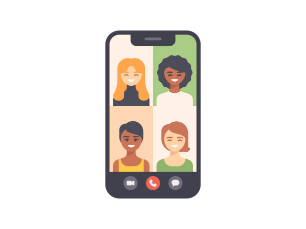 ilustrações de stock, clip art, desenhos animados e ícones de using smartphone during video conference and remote work vector illustration. video call technology concept. - cell human cell plant cell virus