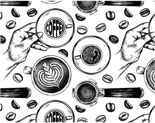 Vector illustration Sketch drawing black and white pattern with coffee beans, espresso, cappuccino, latte, chocolate, hand holding a cup, filter holder, portafilter. Retro background for cafe. Vector illustration. barista stock illustrations