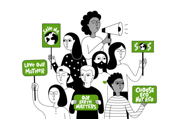 Eco-activist in the global strike for climate change. Extinction Rebellion. Eco-activist in the global strike for climate change. Group of people holding placards with slogans to protect the environment. Vector doodle illustration. climate protest stock illustrations