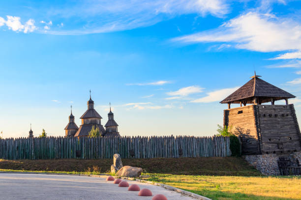 Medieval wooden Zaporozhian Sich on Khortytsia island in Zaporizhia, Ukraine Zaporizhia, Ukraine - July 21, 2020: Medieval wooden Zaporozhian Sich on Khortytsia island in Zaporizhia, Ukraine cossack stock pictures, royalty-free photos & images