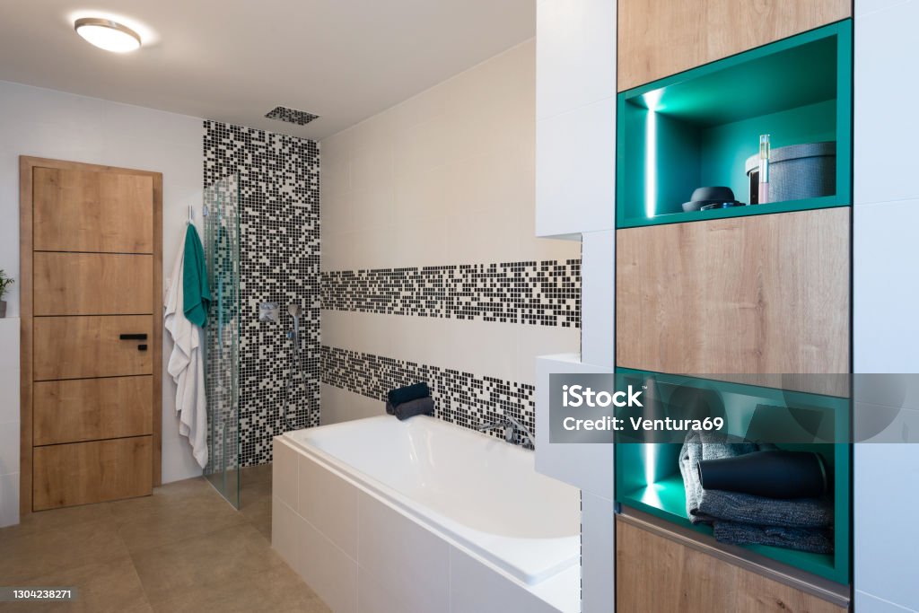 Modern bathroom interior Interior of modern bathroom with bath tub and shower Apartment Stock Photo