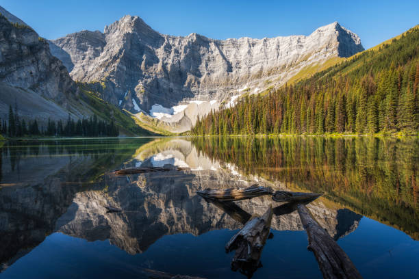 Rawson Lake During Summer in Kananaskis Country, Alberta, Canada Panoramic view of beautiful Rawson Lake during summer in Kananaskis Country, Alberta, Canada. kananaskis country stock pictures, royalty-free photos & images