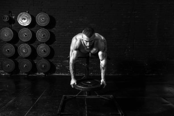 young active sweaty strong muscular fit man doing back muscles workout with weight plate on the bench platform in the gym as hardcore cross training real people exercise - weight training weight bench weightlifting men imagens e fotografias de stock