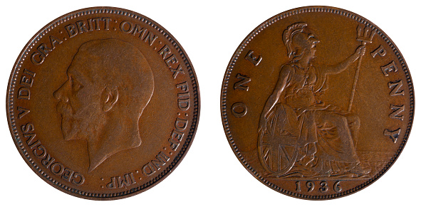 This coin from Great Britain has on the obverse the bust of King George V; on the reverse, the traditional representation of Britain.