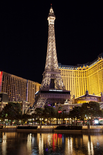Las Vegas, Nevada - August 29, 2019: Eiffel Tower at Paris Las Vegas Hotel and Casino at night in Las Vegas, Nevada, United States.