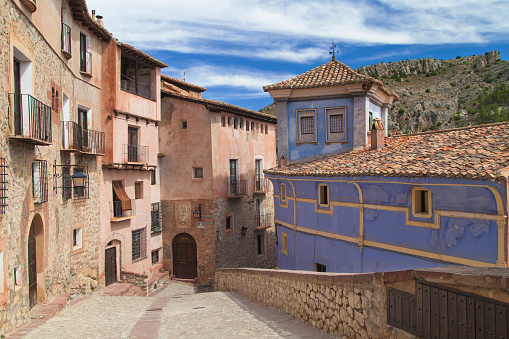 Chorro Street and Blue House in Albarracin, Teruel, Spain.
