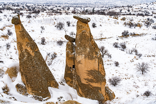 Three Sisters Rock Formation, A popular fairy chimney (Rock Hoodoo) rock formation in Cappadocia, Turkey
