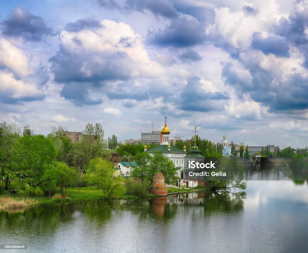Beautiful view of cityscape in the summer. Church of Blessed Xenia of St. Petersburg  on the riverbank of the river Southern Bug in Vinnytsia, Ukraine Vinnytsia Stock Photo