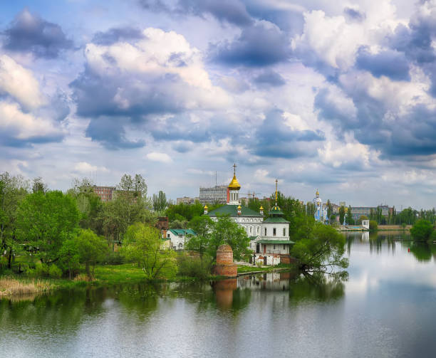 Beautiful view of cityscape in the summer. Church of Blessed Xenia of St. Petersburg  on the riverbank of the river Southern Bug in Vinnytsia, Ukraine Beautiful view of cityscape in the summer. Church of Blessed Xenia of St. Petersburg  on the riverbank of the river Southern Bug in Vinnytsia, Ukraine vinnytsia photos stock pictures, royalty-free photos & images