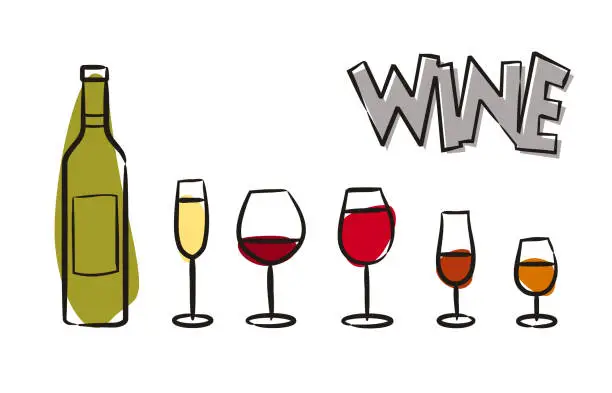 Vector illustration of Set of hand drawn wine bottles and different glasses.