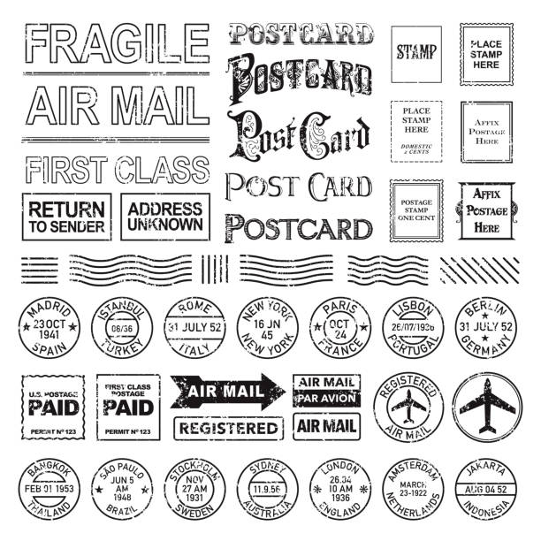 illustrazioni stock, clip art, cartoni animati e icone di tendenza di set di timbro postale vintage - timbro postale