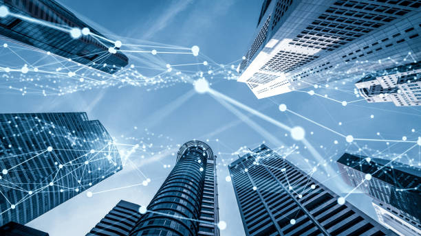 Imaginative visual smart digital city with globalization abstract graphic showing connection network stock photo