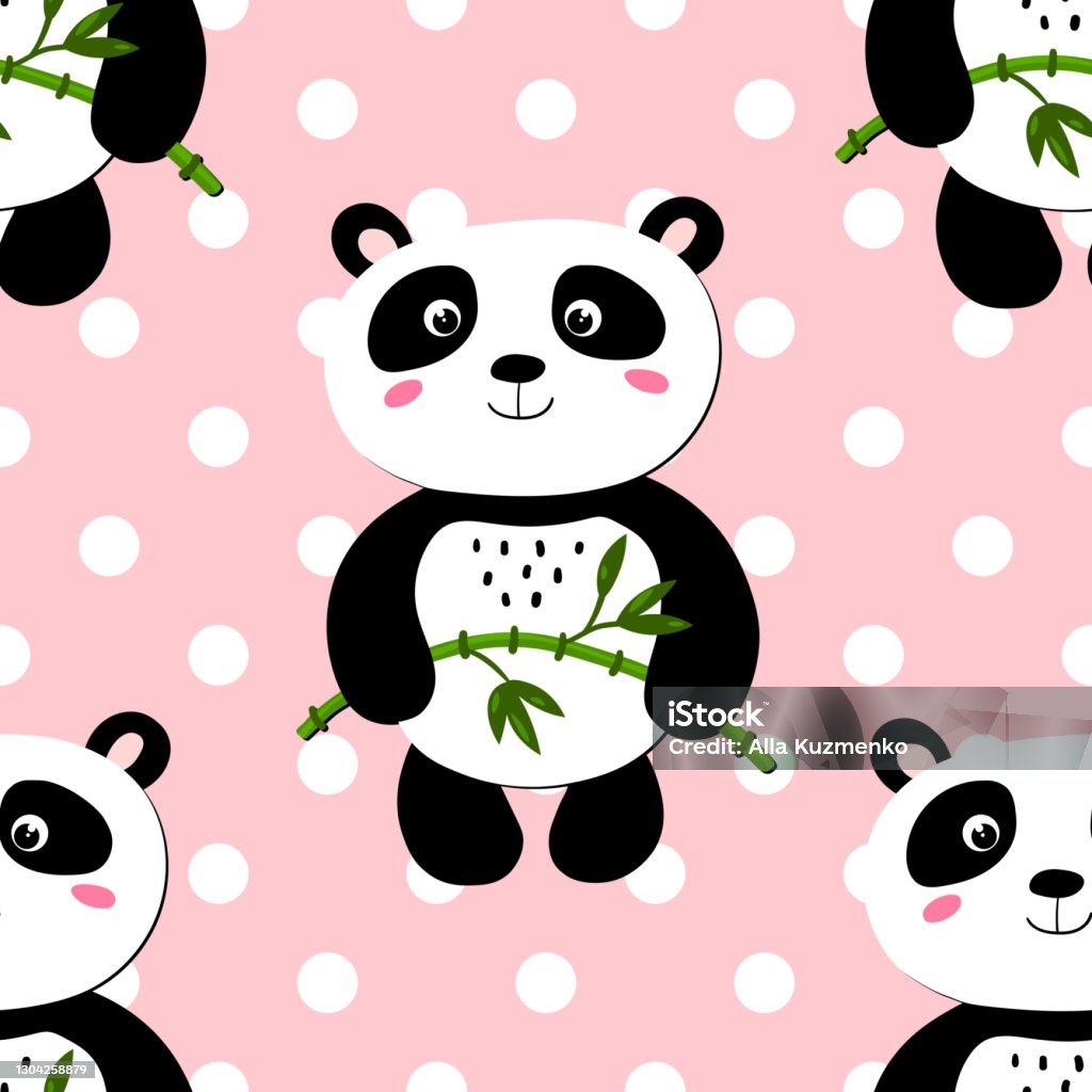 Seamless Pattern With Cute Panda Baby On Color Polka Dots Background Funny  Asian Animals Card Postcards For Kids Flat Vector Illustration For Fabric  Textile Wallpaper Stock Illustration - Download Image Now - iStock