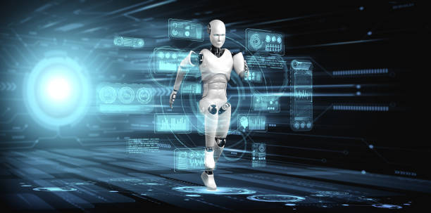 Running robot humanoid showing fast movement and vital energy in concept of future innovation development toward AI brain and artificial intelligence thinking by machine learning. 3D illustration.