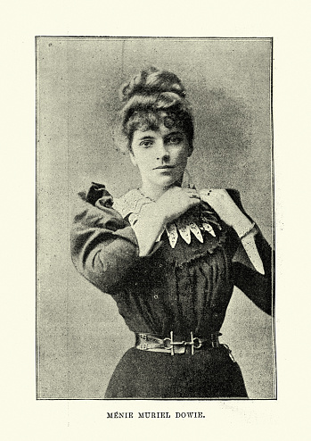 Vintage photograph of Ménie Muriel Dowie, Victorian British writer. She spent her early twenties travelling. Her best-known tour, in the summer of 1890, was through the Carpathian Mountains, where she travelled alone and on horseback. Her travelogue, A Girl in the Karpathians, was published the following year, and she lectured to packed audiences