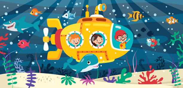 ilustrações, clipart, desenhos animados e ícones de submarino de desenho animado sob o mar - submarine underwater water sea