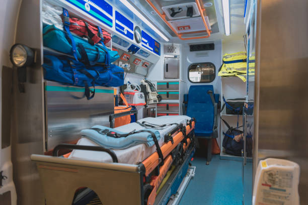 detail of the interior of an ambulance prepared for an emergency stock photo