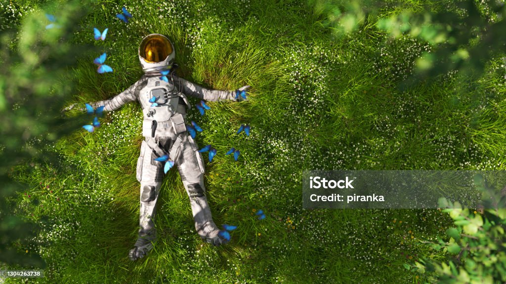 Astronaut lying in the meadow An astronaut in full suit surrounded by monarch butterflies is resting in a lush green garden Flower Stock Photo