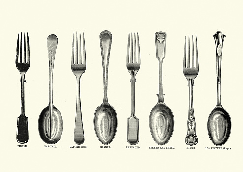 Vintage illustration of Examples of Victorian cutlery, Forks and spoons 1890s, 19th Century
