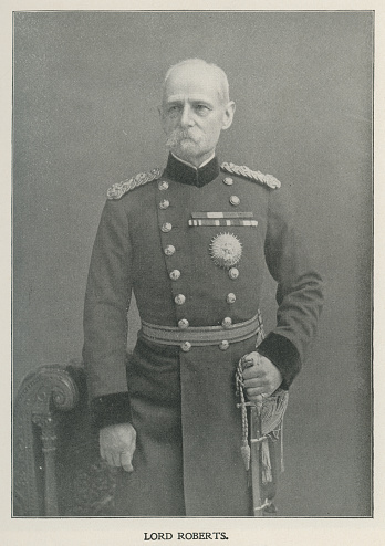 Portrait of Field Marshal Frederick Sleigh Roberts, 1st Earl Roberts (1832 - 1914). Vintage photo etching circa late 19th century.