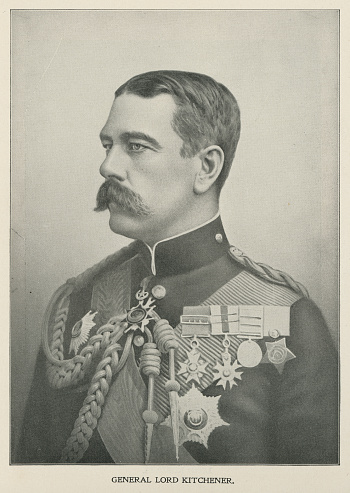 Portrait of Field Marshal Horatio Herbert Kitchener, 1st Earl Kitchener (1850 - 1916). Vintage photo etching circa late 19th century.