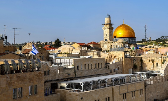 East Jerusalem, Palestine, May 1, 2019: View of the Dome of the Rock on the Temple Mount in the Old City of Jerusalem on a sunny spring day.