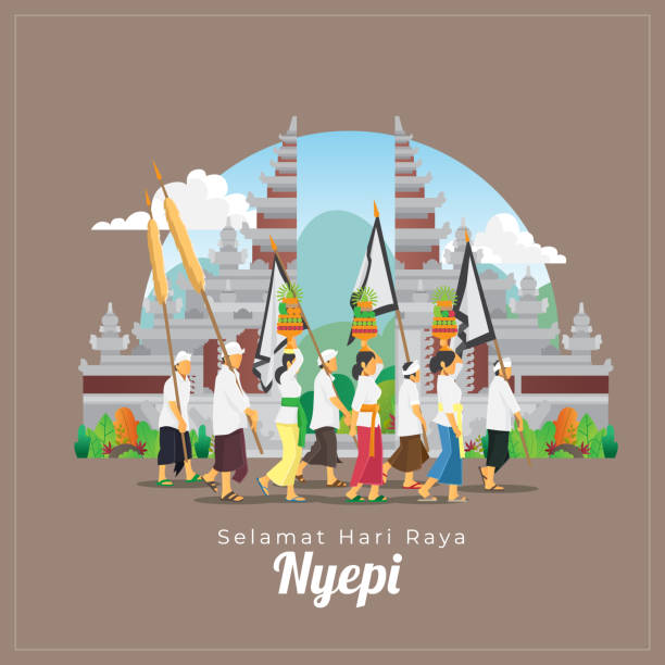 Balinese Nyepi greetings card with people and ceremonial tool infront of gate vector illustration of Balinese Nyepi greetings card with people and ceremonial tool infront of gate balinese culture stock illustrations