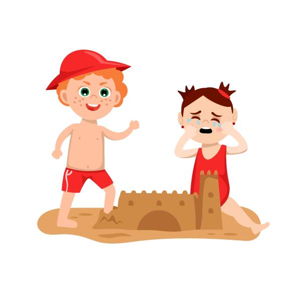 Naughty boy behavior Naughty boy behavior. Angry teenager ruins the sand castle. Usual situation in childhood. Typical problem. Young bully hurting a girl. Child aggression. Vector illustration in a flat cartoon style sabotage icon stock illustrations