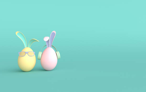 istock Colorful Easter egg with rabbit ears on green background. Happy Easter big hunt or sale banner, mockup template. April holiday - Easter. Cute bunny egg with sun glasses and earphones 3d render 1304276353
