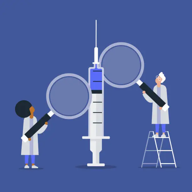 Vector illustration of Illustration of two medical research scientists examining syringe of vaccine