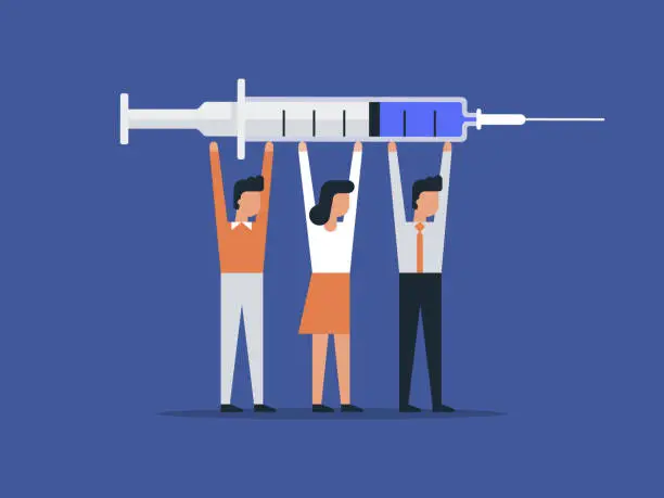 Vector illustration of Illustration of three business people holding up syringe of vaccine in triumph