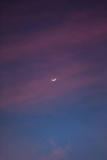 istock Sunset with pink clouds with crescent moon 1304282299