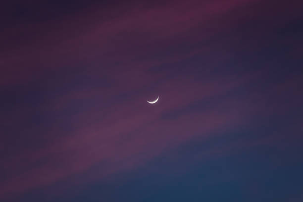 istock Sunset with pink clouds with crescent moon 1304282300