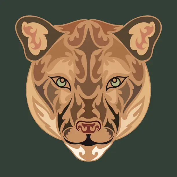 Vector illustration of Hand drawn abstract portrait of a puma. Vector stylized colorful illustration for tattoo, logo, wall decor, T-shirt print design or outwear. This drawing would be nice to make on the fabric, canvas.