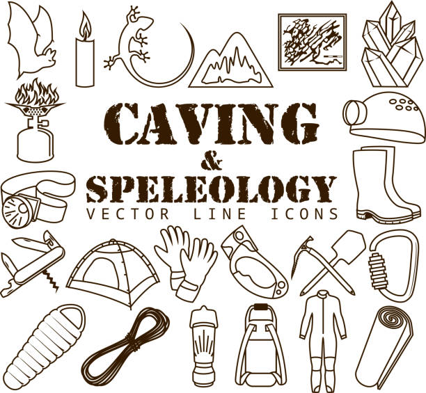 vektor-set von thin line icons - caving und speleo reiseausrüstung ausrüstung - höhlenklettern stock-grafiken, -clipart, -cartoons und -symbole