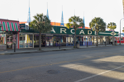 Myrtle Beach, South Carolina, USA - February 25, 2021:Tourist attractions line Ocean Boulevard in downtown Myrtle Beach, South Carolina.
