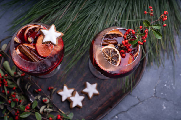 Home made mulled wine served in the wine glasses stock photo