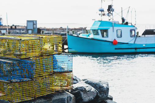 Lobster traps stacked in a Nova Scotian fishing village.