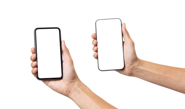 istock Hand man holding mobile smartphone with blank screen isolated on white background with clipping path 1304303042