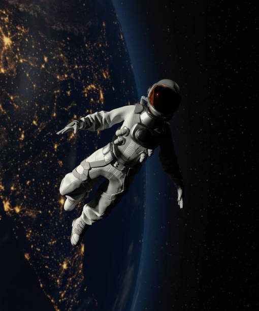 astronauta caminando en el espacio con fondo de la tierra - astronaut space zero gravity spacewalk fotografías e imágenes de stock