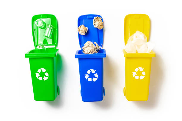 istock Recycling sorting. Bin container for disposal garbage waste and save environment. Yellow, green, blue dustbin for recycle plastic, paper and glass can trash isolated on white background. 1304308753