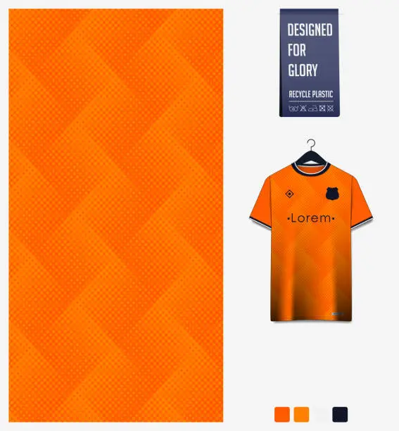 Vector illustration of Fabric pattern design. Geometric pattern on orange background for soccer jersey, football kit or sports uniform. T-shirt mockup template. Sport abstract background.