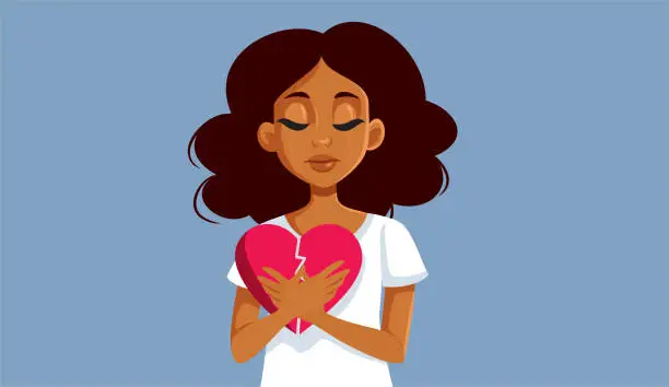 Vector illustration of Sad Crying Woman Holding a Broken Heart