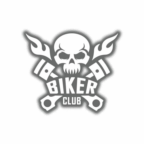 ilustrações, clipart, desenhos animados e ícones de ilustração em preto e branco de um crânio, chama, pistão e texto em um fundo branco. - chrome bicycle badge sign